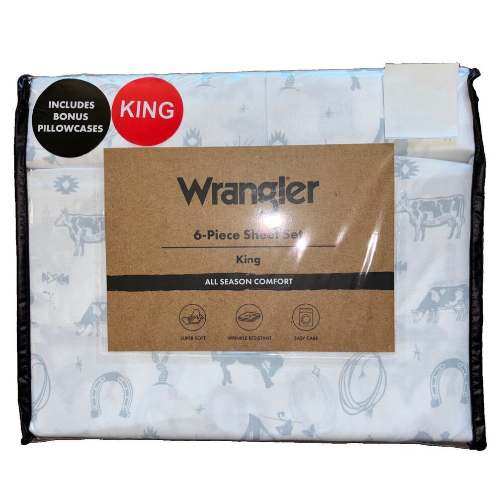 Wrangler KING On The Ranch Western Steer Horse Cowboy Barn Blue Sheet Set 6 Pc